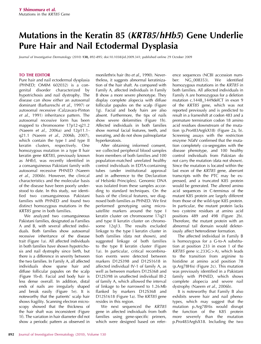 Mutations in the Keratin 85 (KRT85/Hhb5) Gene Underlie Pure Hair and Nail Ectodermal Dysplasia