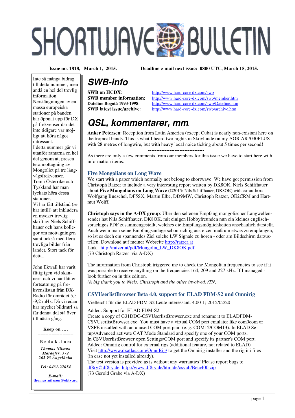 SWB-Info QSL, Kommentarer