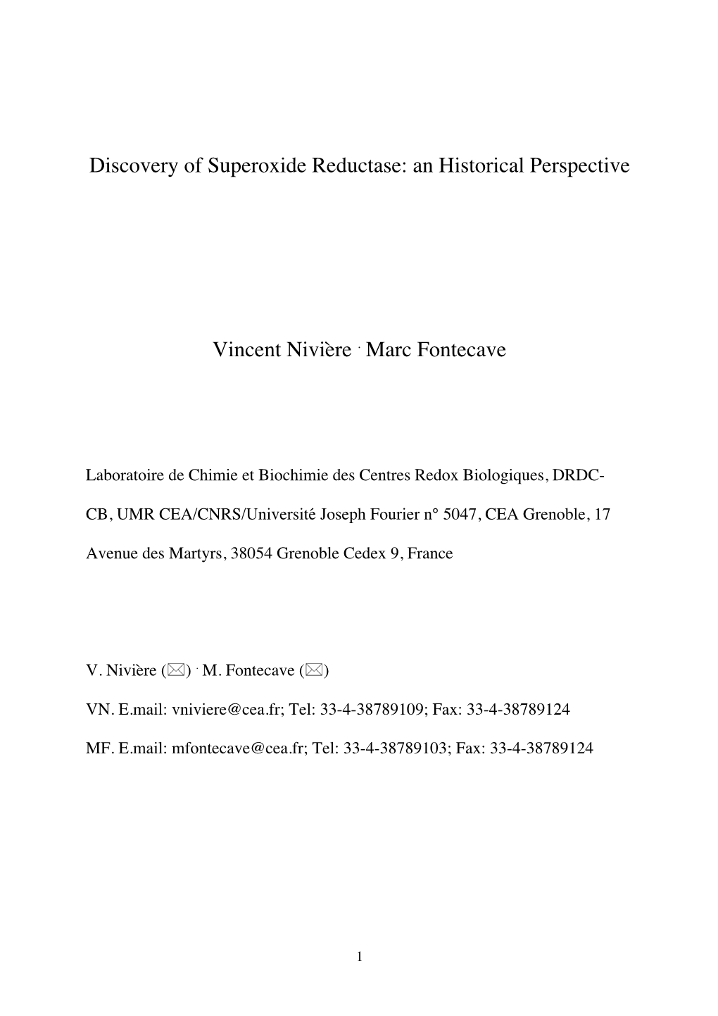 Discovery of Superoxide Reductase: an Historical Perspective Vincent