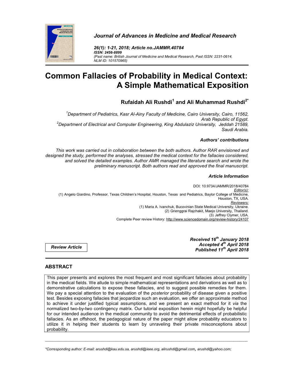 Common Fallacies of Probability in Medical Context: a Simple Mathematical Exposition