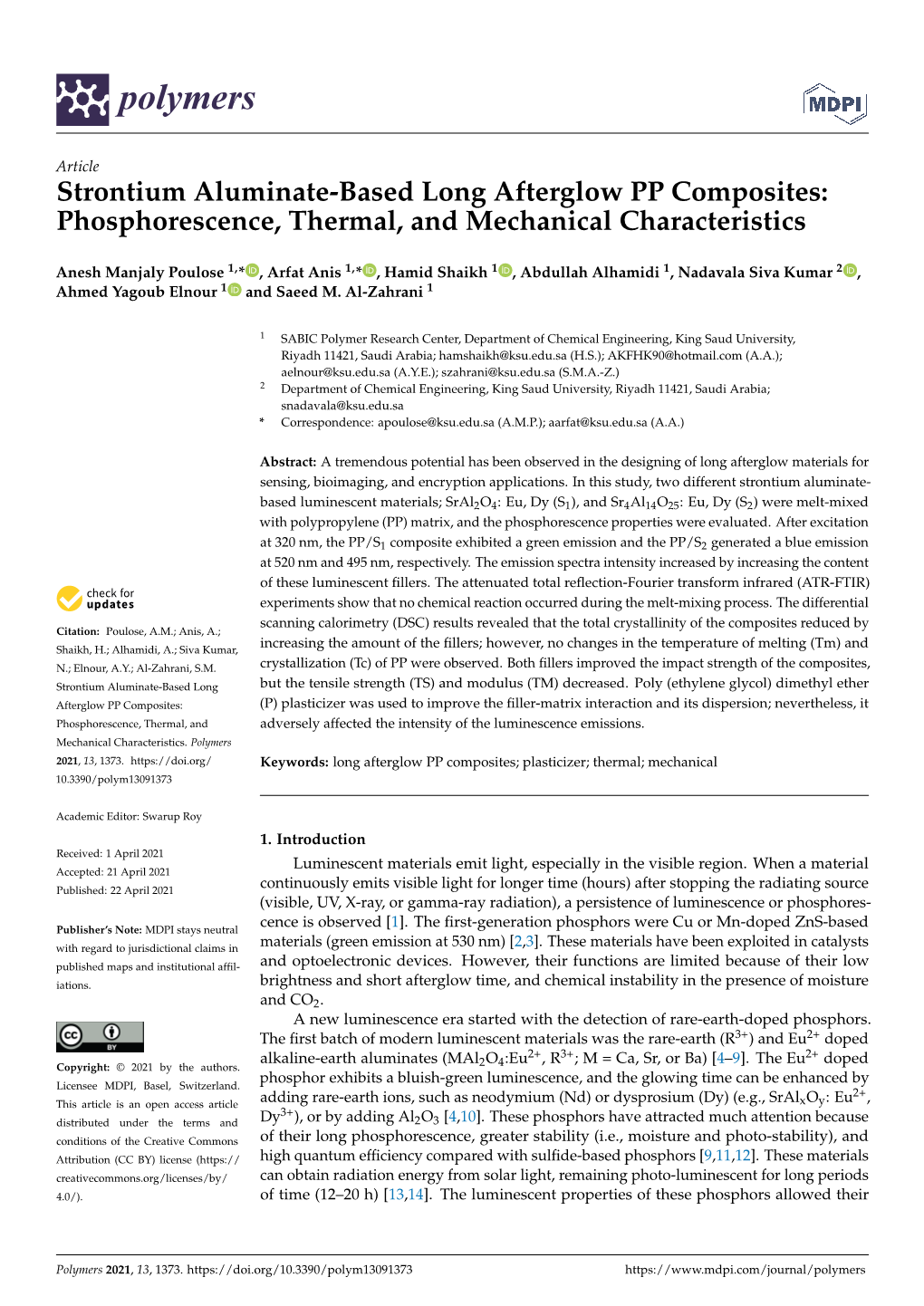 Strontium Aluminate-Based Long Afterglow PP Composites: Phosphorescence, Thermal, and Mechanical Characteristics