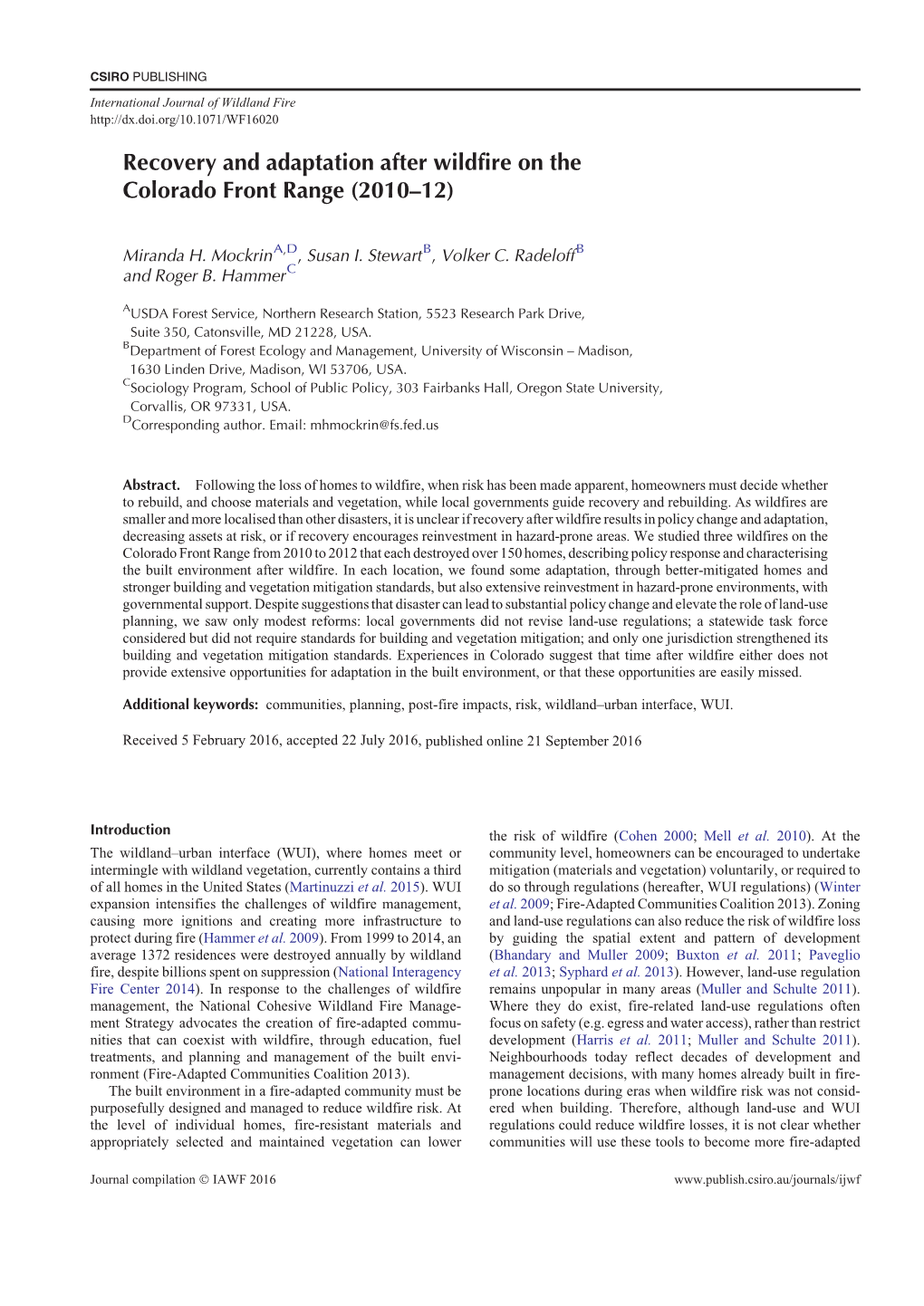 Recovery and Adaptation After Wildfire on the Colorado Front Range (2010–12)