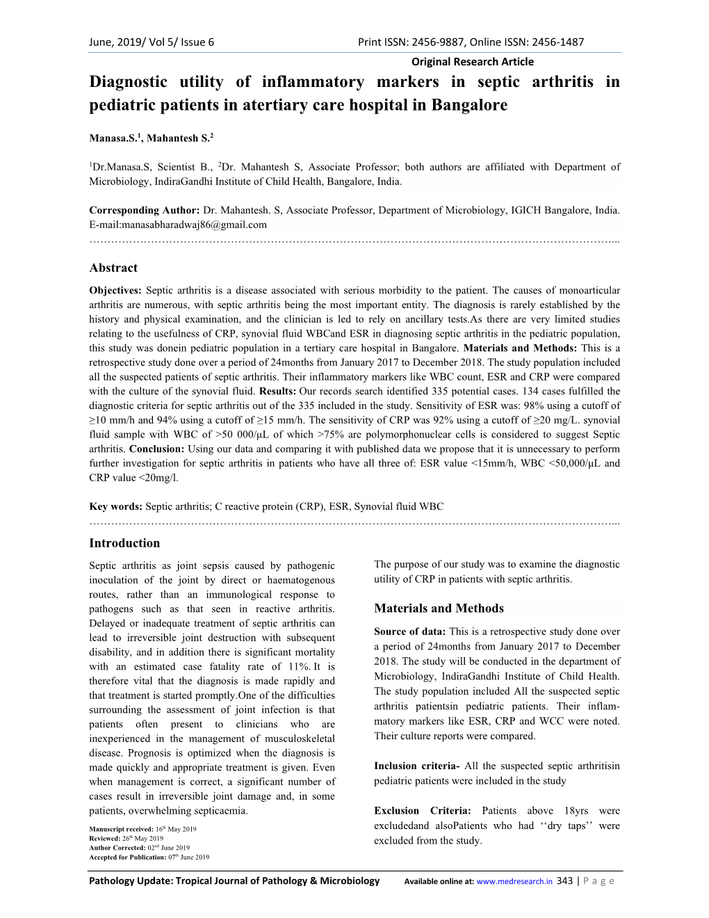 Diagnostic Utility of Inflammatory Markers in Septic Arthritis in Pediatric Patients in Atertiary Care Hospital in Bangalore