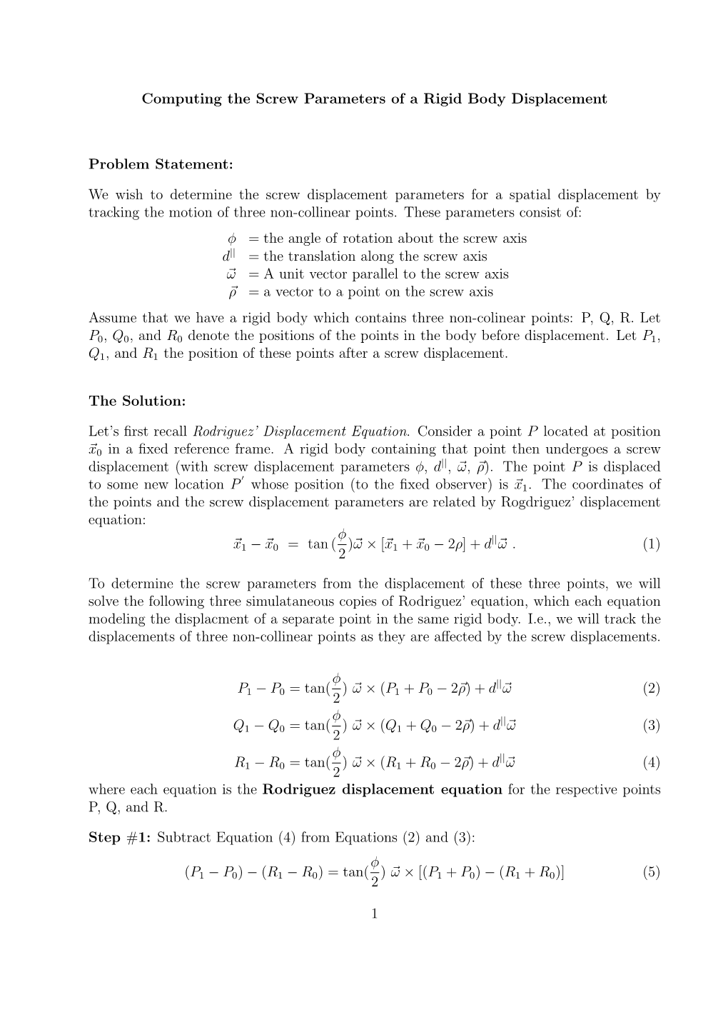 Computing the Screw Parameters of a Rigid Body Displacement Problem Statement