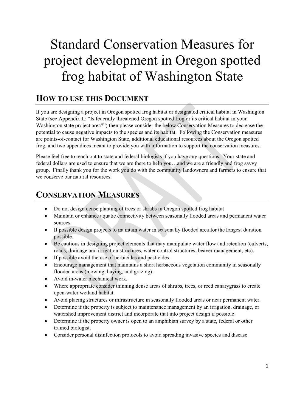 Standard Conservation Measures for Project Development in Oregon Spotted Frog Habitat of Washington State