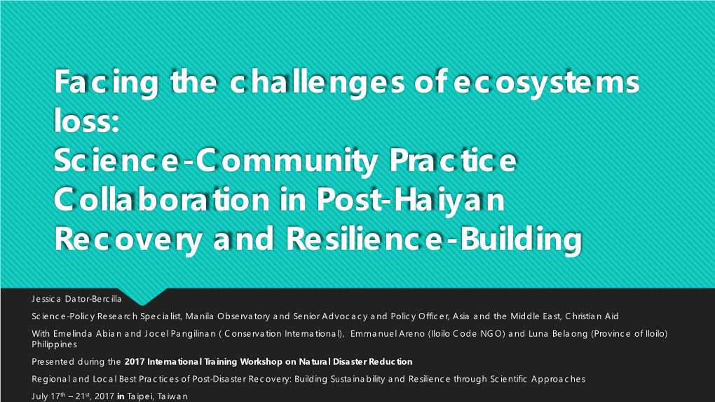 Facing the Challenges of Ecosystems Loss: Science-Community Practice Collaboration in Post-Haiyan Recovery and Resilience-Building