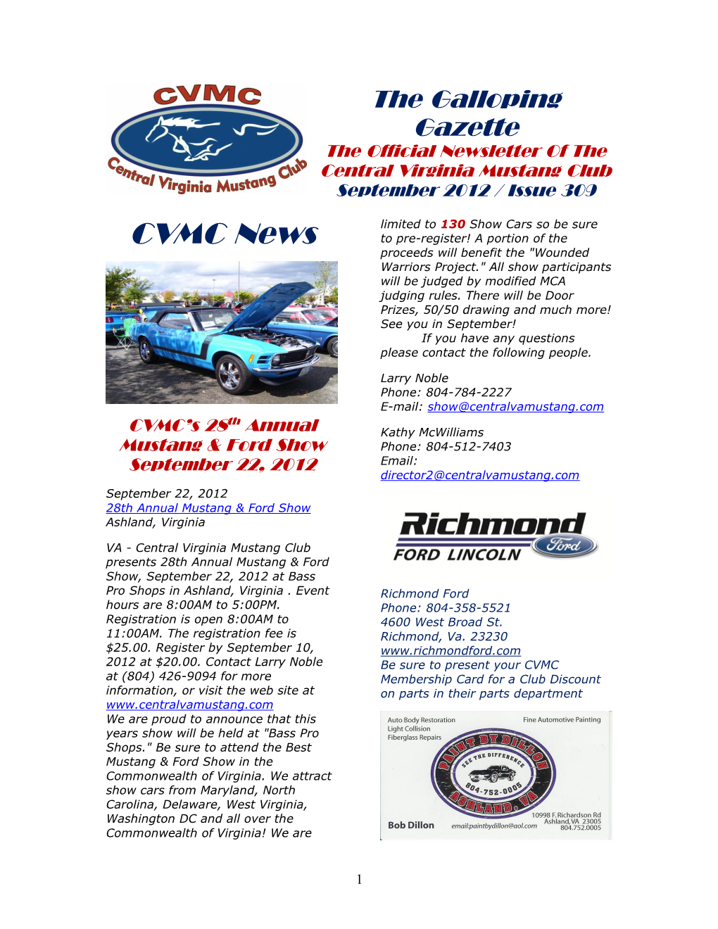 The Galloping Gazette the Official Newsletter of the Central Virginia Mustang Club September 2012 / Issue 309