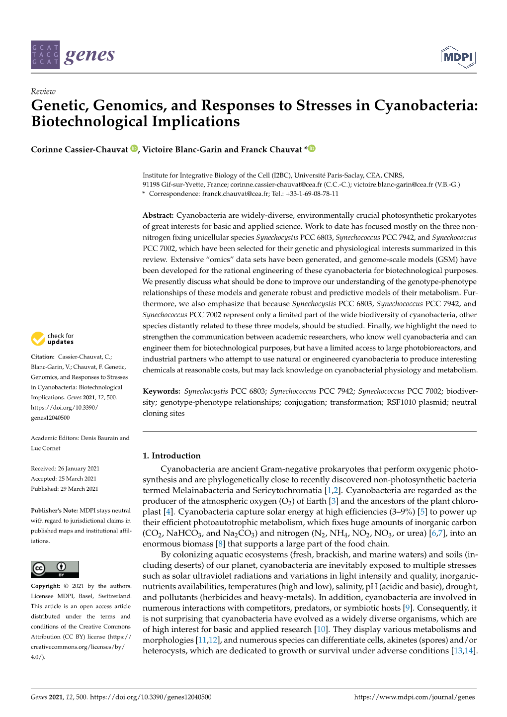 Genetic, Genomics, and Responses to Stresses in Cyanobacteria: Biotechnological Implications