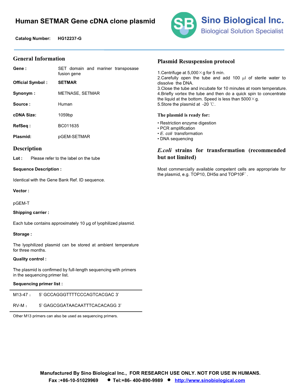 Human SETMAR Gene Cdna Clone Plasmid