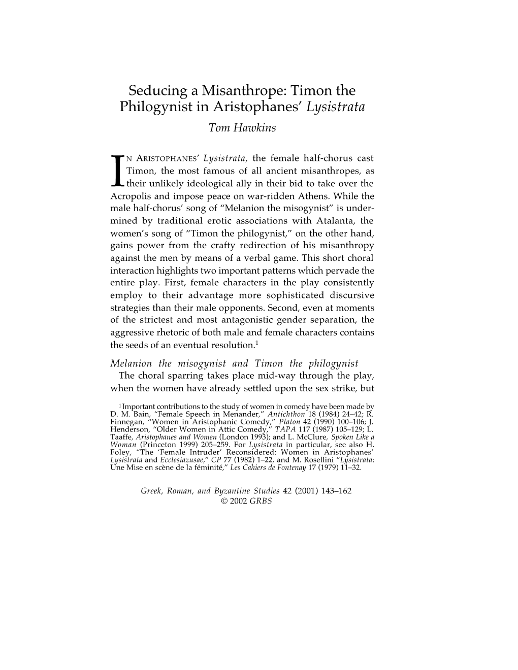 Seducing a Misanthrope: Timon the Philogynist in Aristophanes' Lysistrata