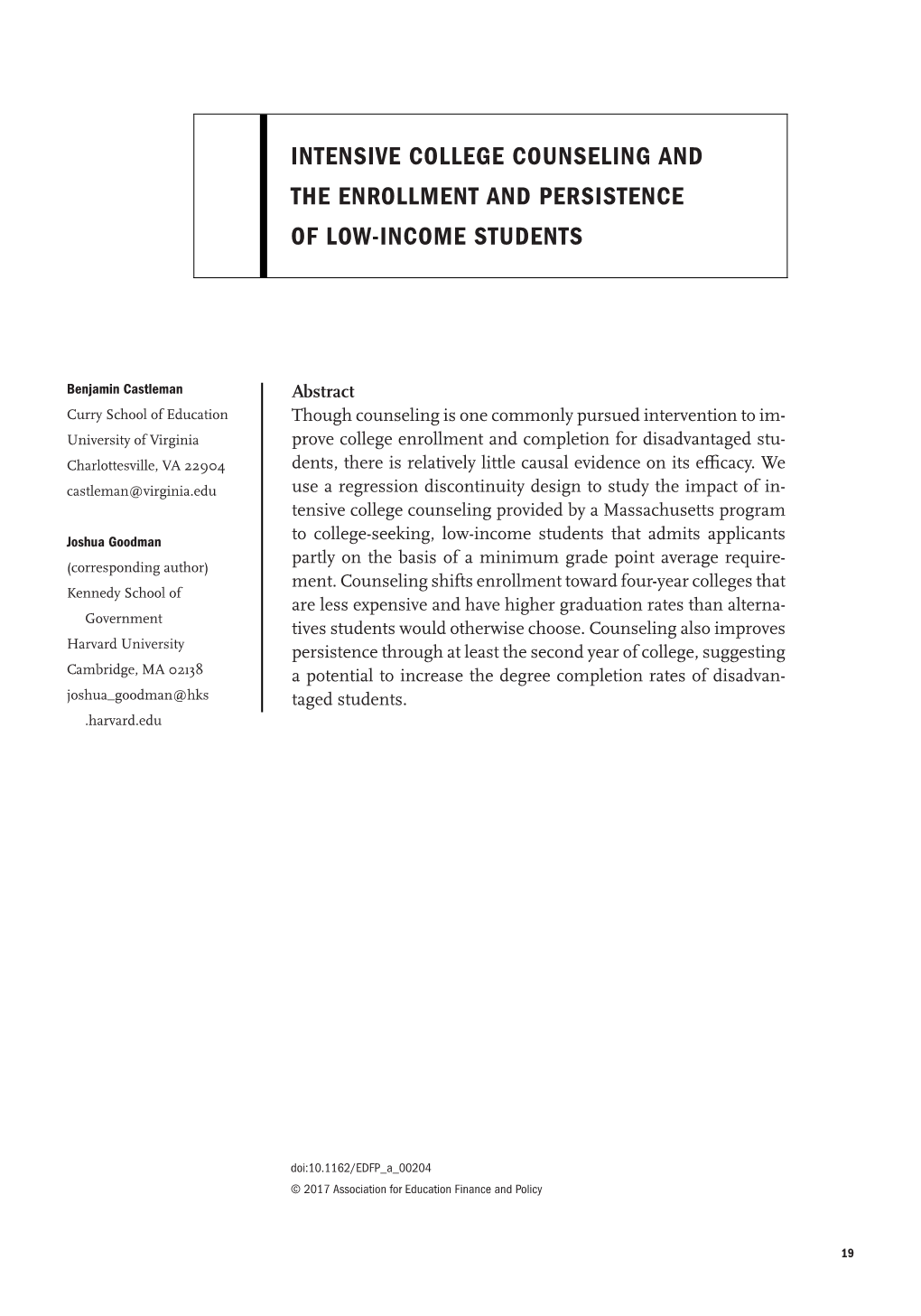 Intensive College Counseling and the Enrollment and Persistence of Low-Income Students