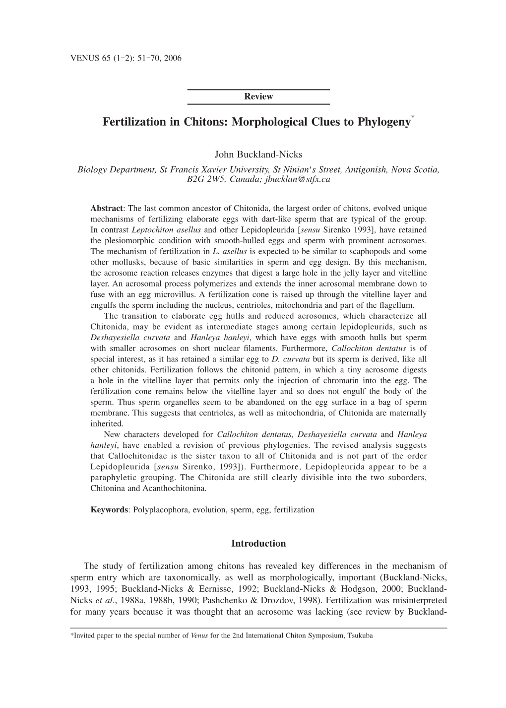 Fertilization in Chitons: Morphological Clues to Phylogeny*