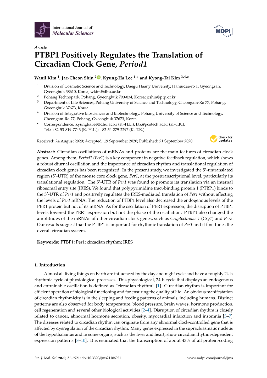 PTBP1 Positively Regulates the Translation of Circadian Clock Gene, Period1