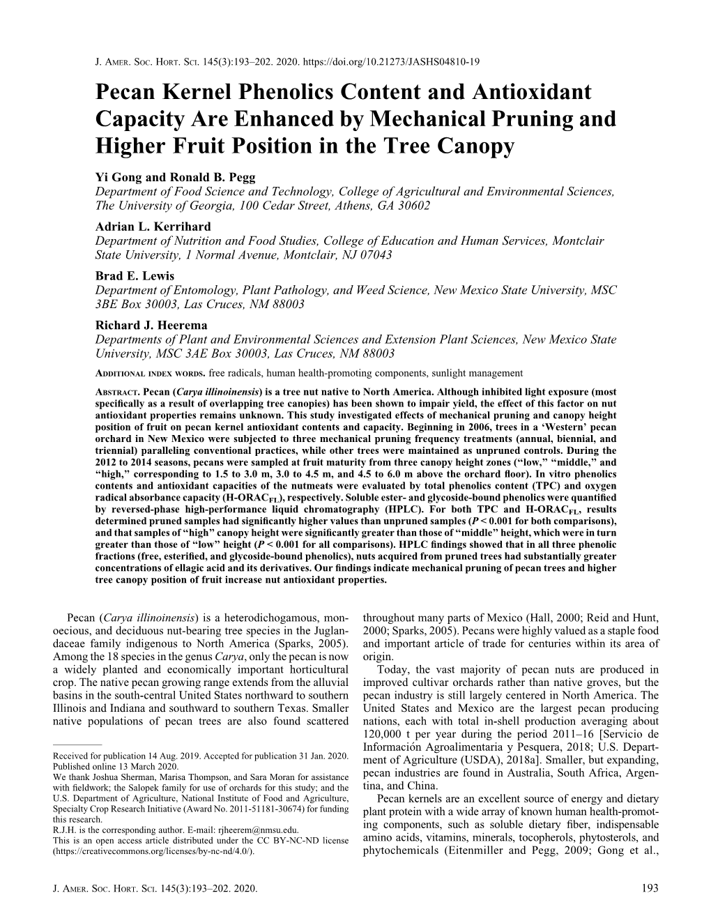 Pecan Kernel Phenolics Content and Antioxidant Capacity Are Enhanced by Mechanical Pruning and Higher Fruit Position in the Tree Canopy