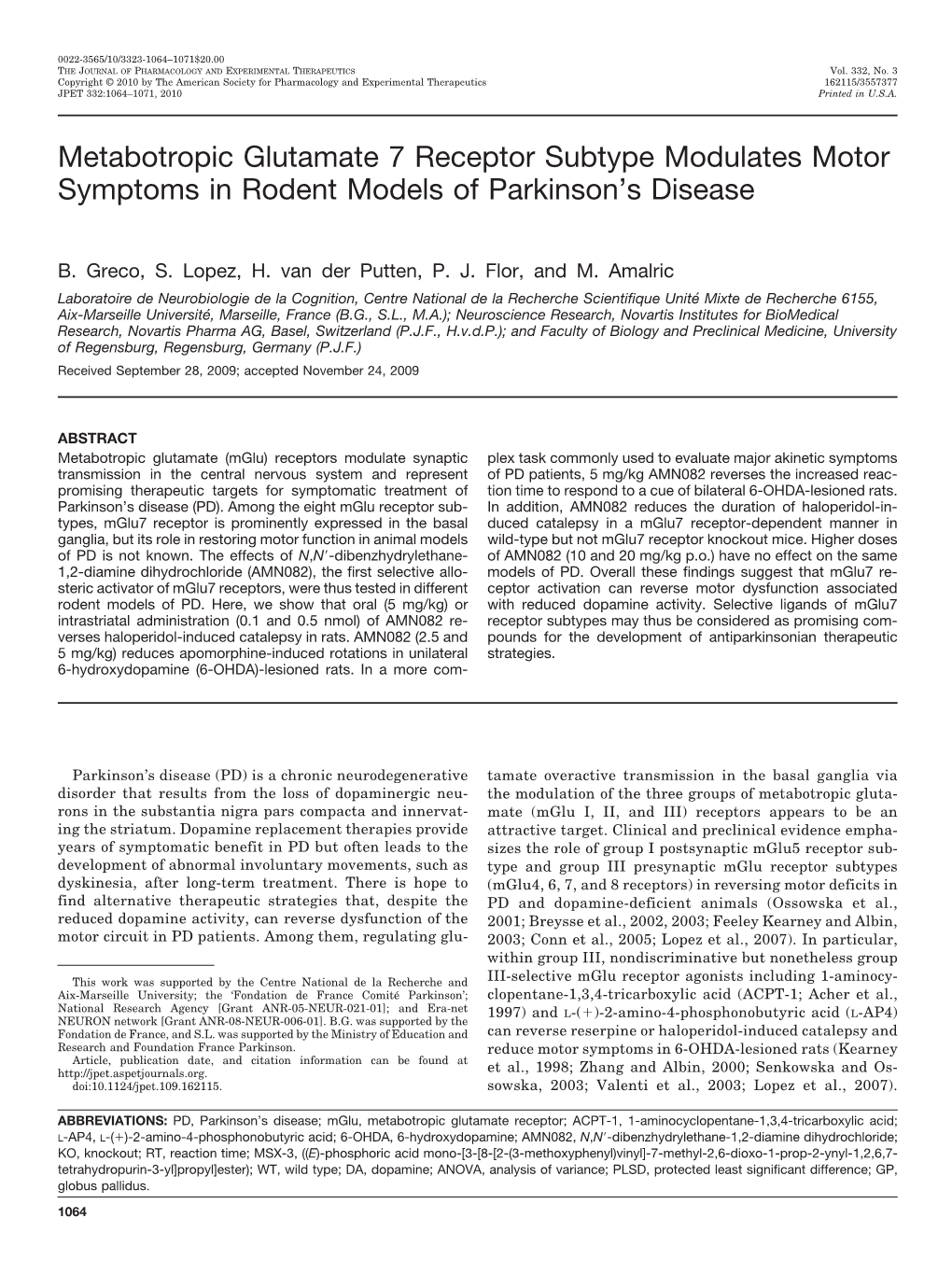Metabotropic Glutamate 7 Receptor Subtype Modulates Motor Symptoms in Rodent Models of Parkinson’S Disease
