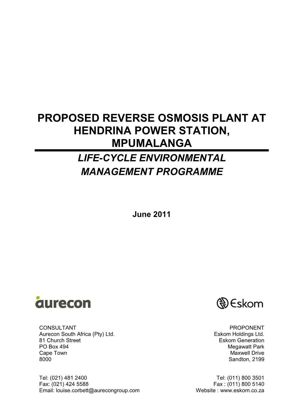 Proposed Reverse Osmosis Plant at Hendrina Power Station, Mpumalanga Life-Cycle Environmental
