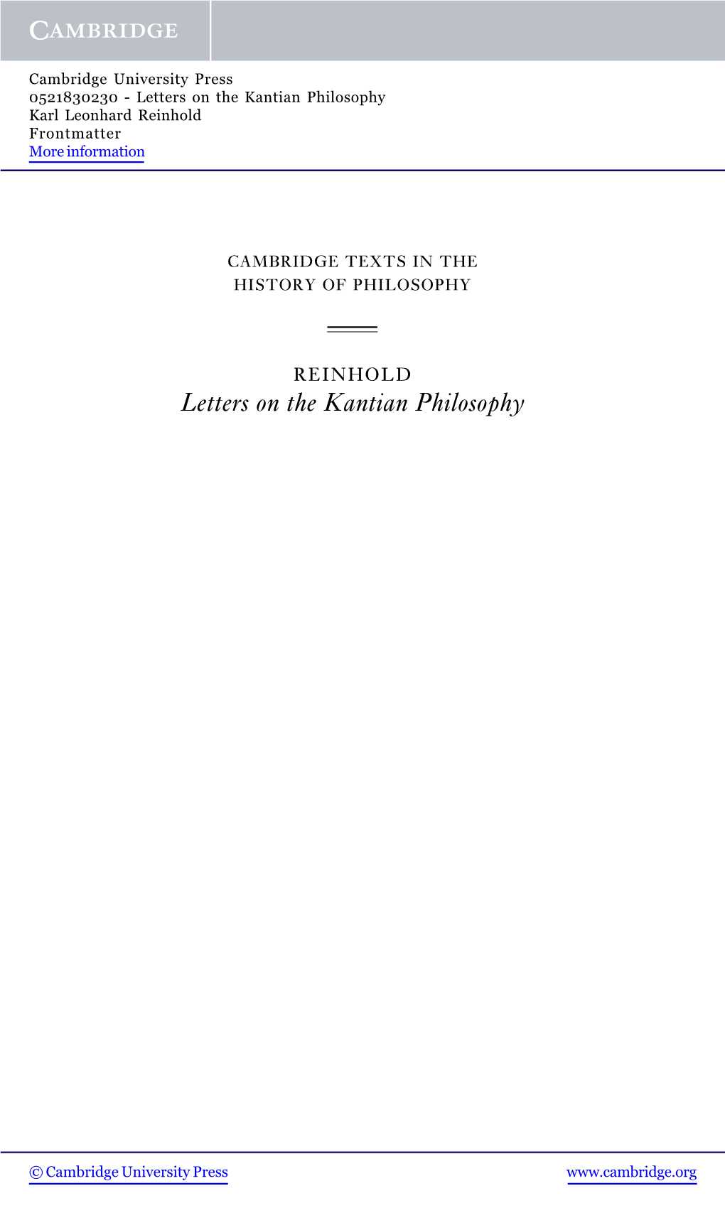 Letters on the Kantian Philosophy Karl Leonhard Reinhold Frontmatter More Information