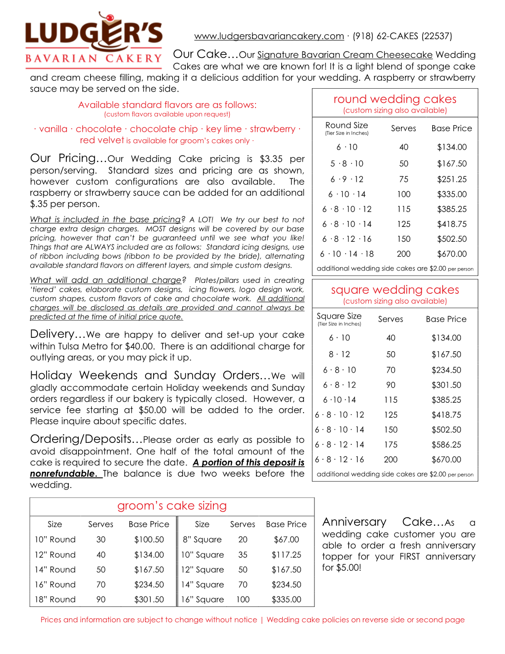 Our Pricing… Holiday Weekends and Sunday Orders… Anniversary Cake