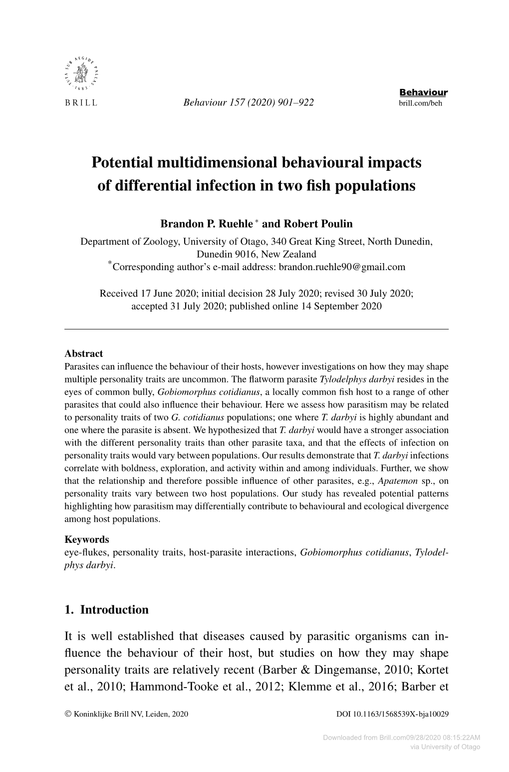 Potential Multidimensional Behavioural Impacts of Differential Infection in Two ﬁsh Populations