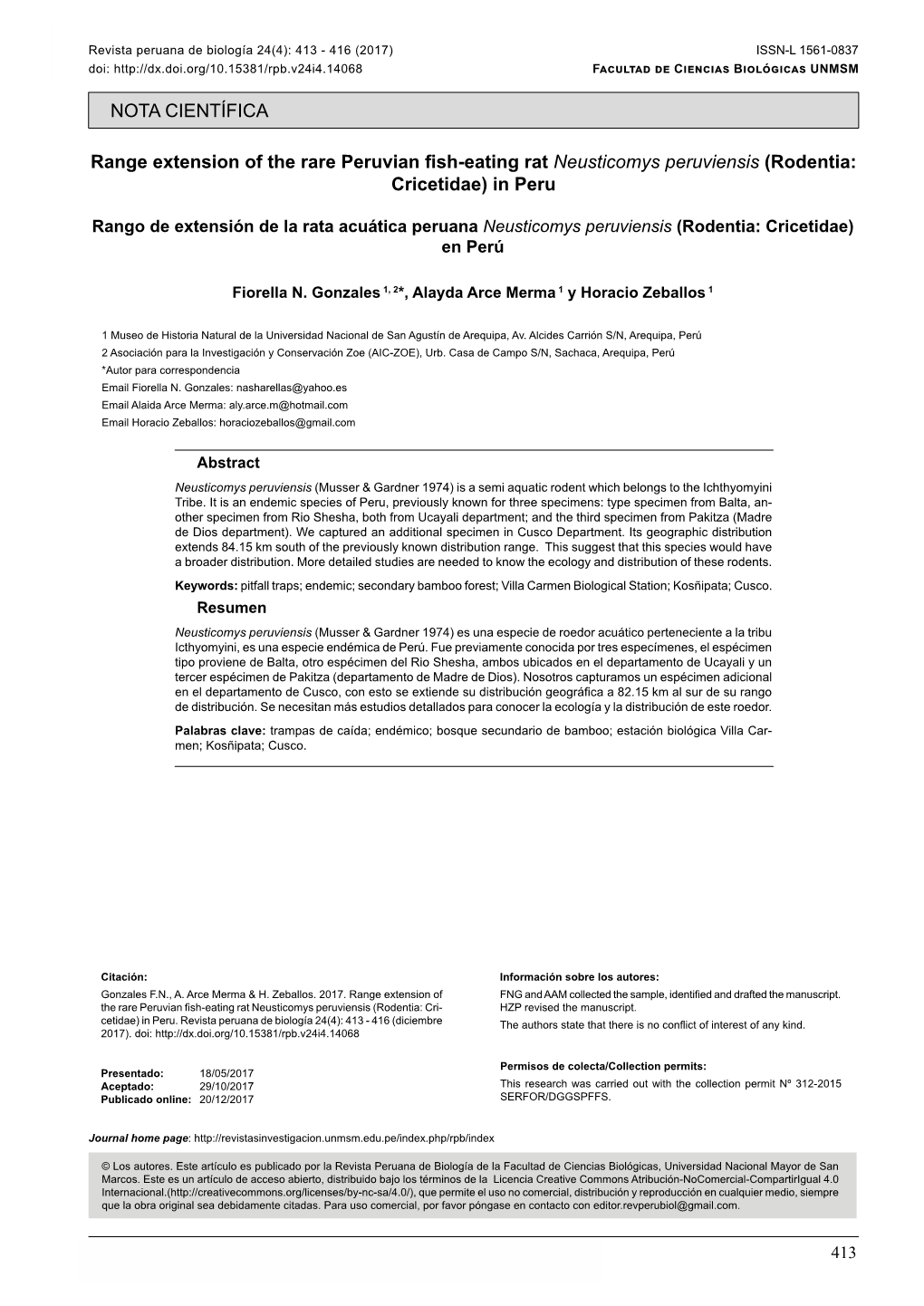 Rango De Extensión De La Rata Acuática Peruana Neusticomys Peruviensis (Rodentia: Cricetidae) En Perú
