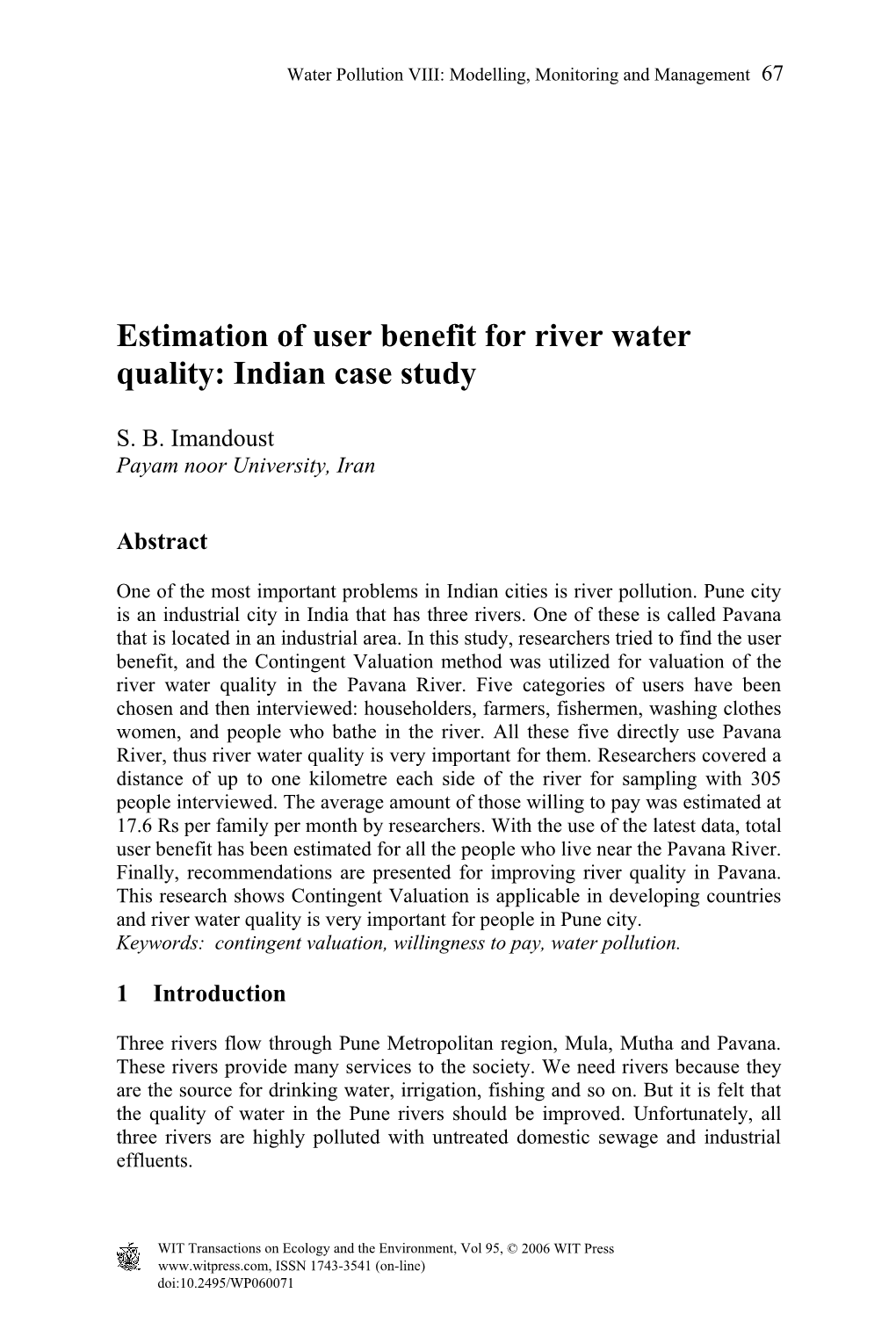 Estimation of User Benefit for River Water Quality: Indian Case Study