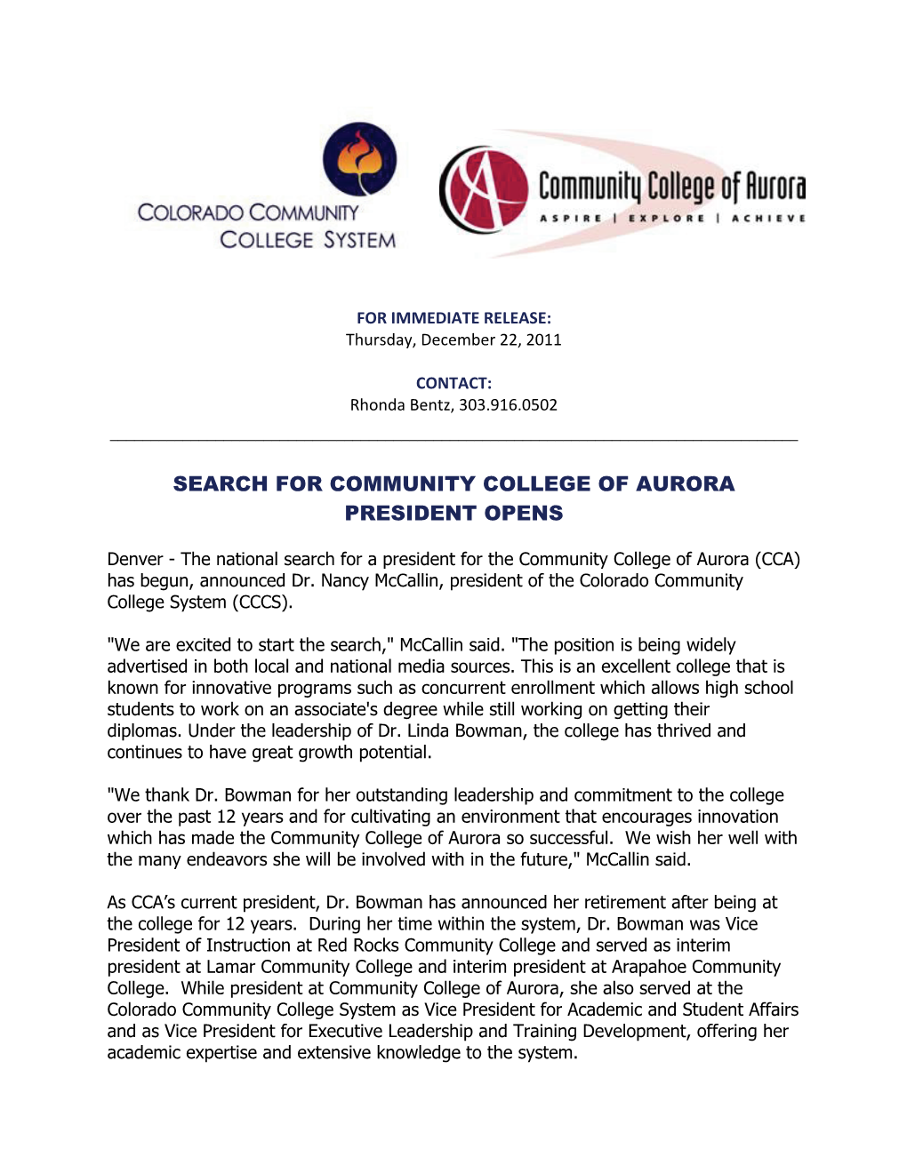 Search for Community College of Aurora President Opens