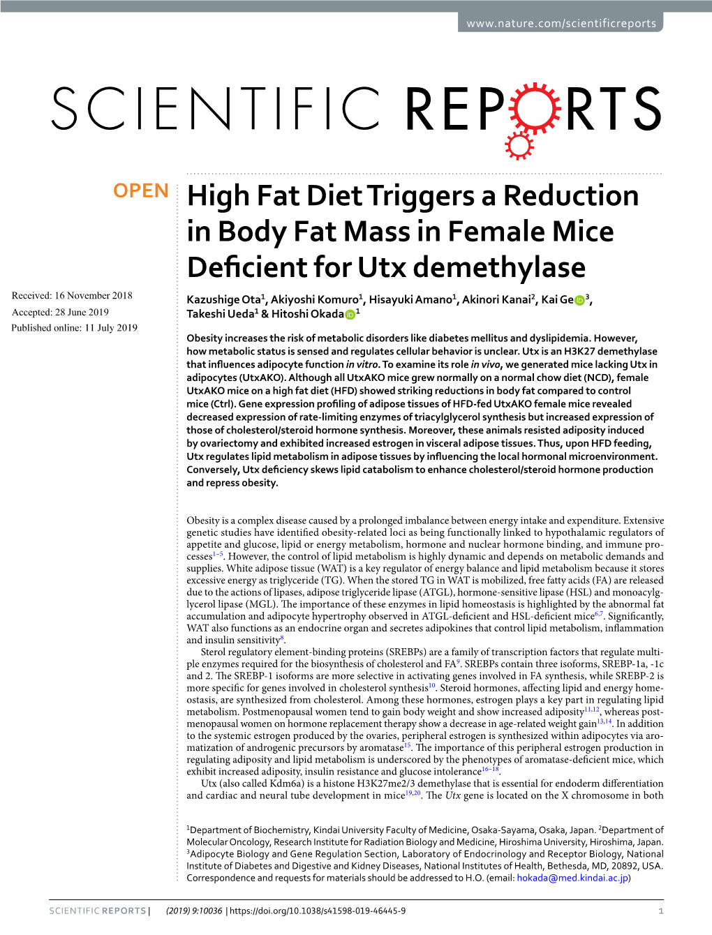 High Fat Diet Triggers a Reduction in Body Fat Mass in Female Mice