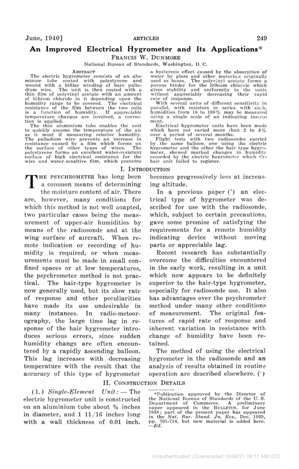 An Improved Electrical Hygrometer and Its Applications* a Common