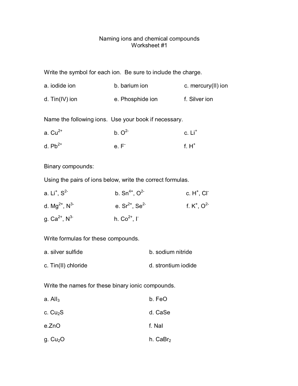 Naming Ions and Chemical Compounds Worksheet #1 Write The