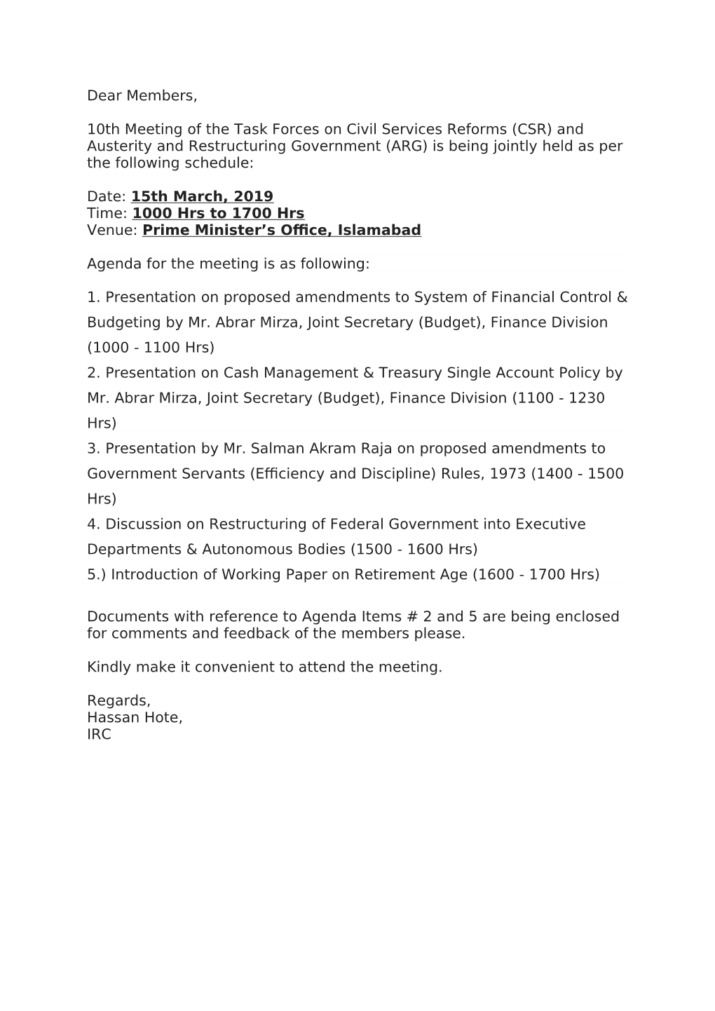Dear Members, 10Th Meeting of the Task Forces on Civil Services