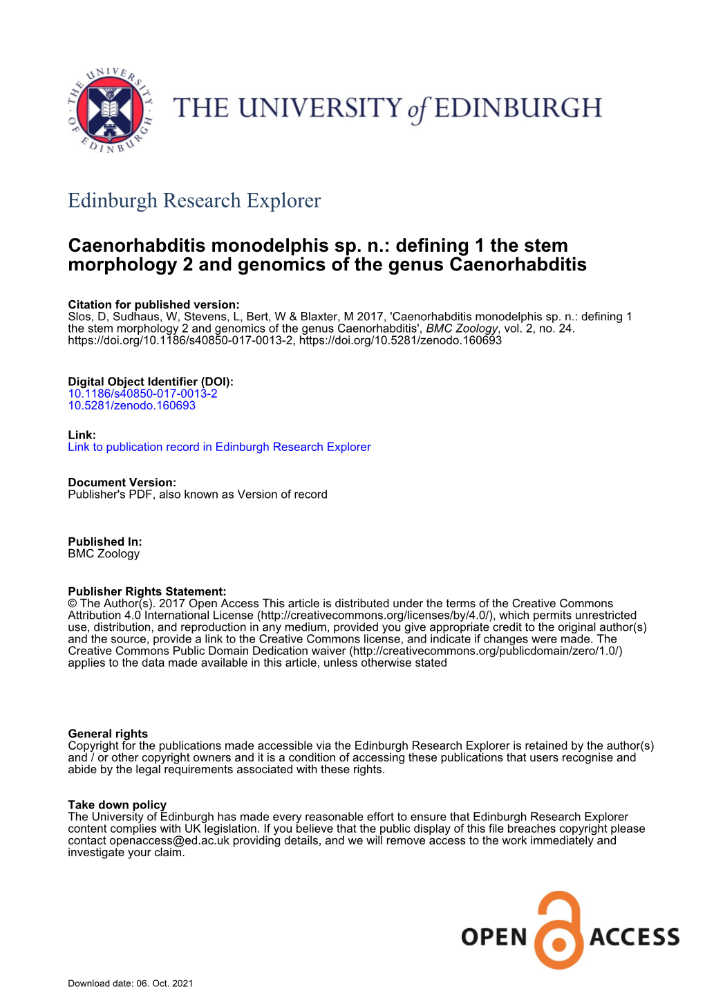 Defining the Stem Morphology and Genomics of the Genus Caenorhabditis Dieter Slos1* , Walter Sudhaus2, Lewis Stevens3*, Wim Bert1 and Mark Blaxter3