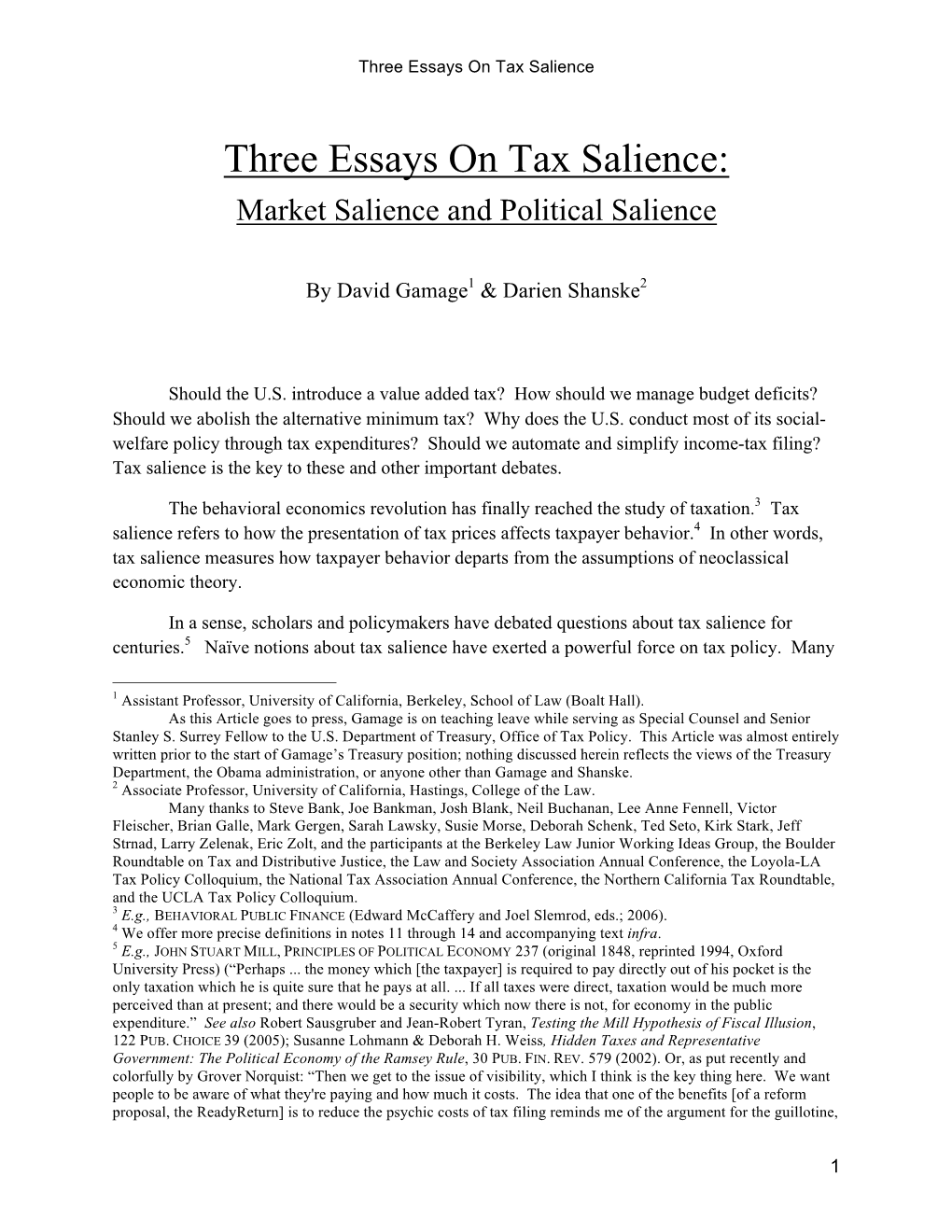 Three Essays on Tax Salience: Market Salience and Political