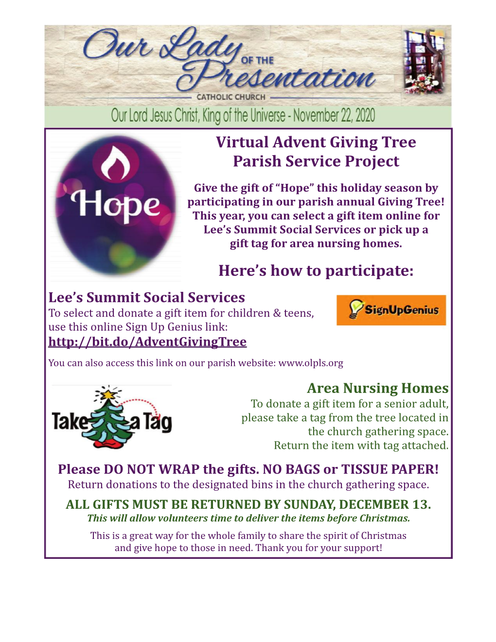 Virtual Advent Giving Tree Parish Service Project