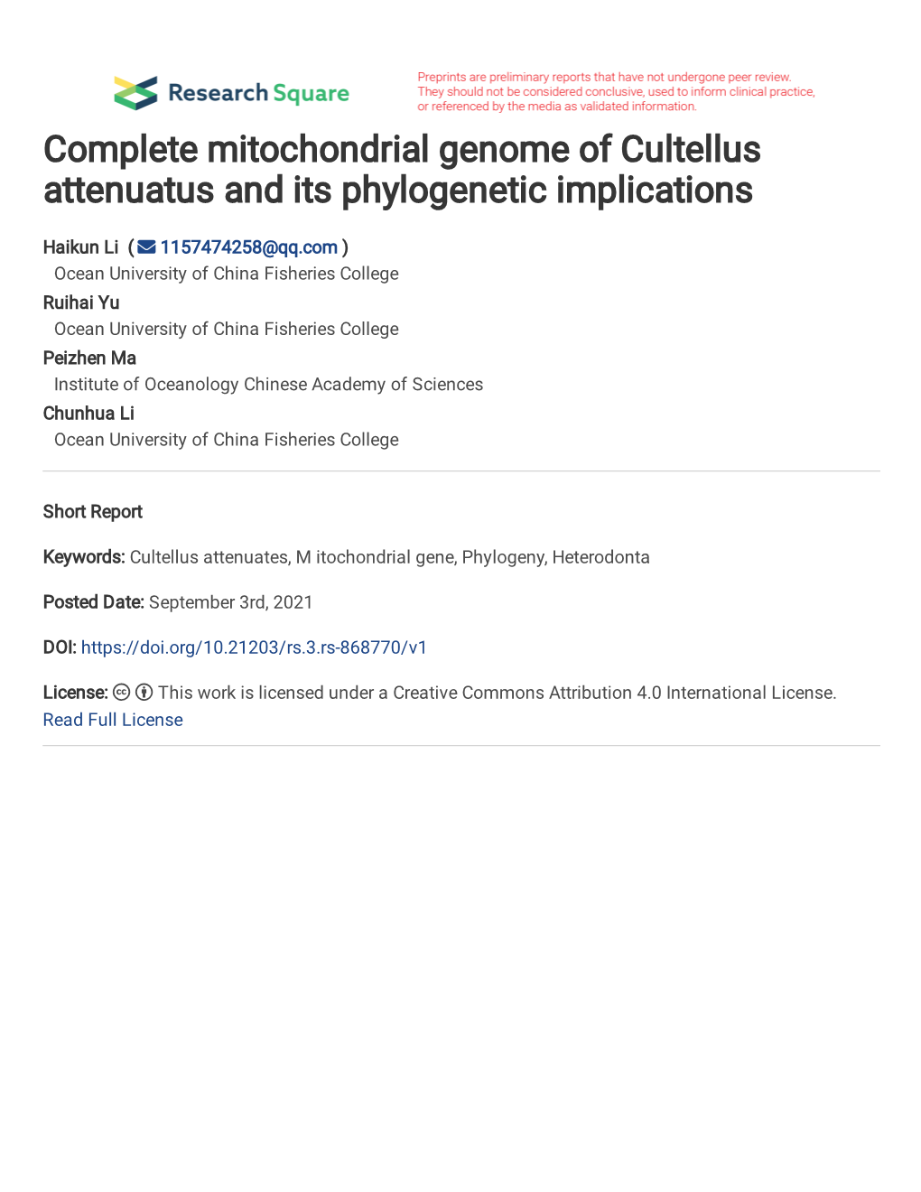 Complete Mitochondrial Genome of Cultellus Attenuatus and Its Phylogenetic Implications