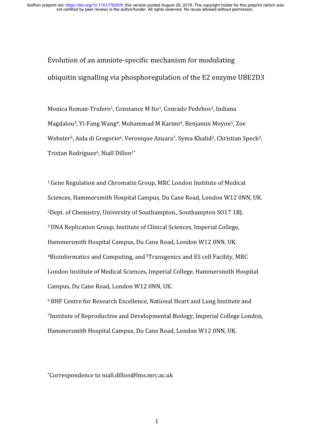 Evolution of an Amniote-Specific Mechanism for Modulating Ubiquitin Signalling Via Phosphoregulation of the E2 Enzyme UBE2D3