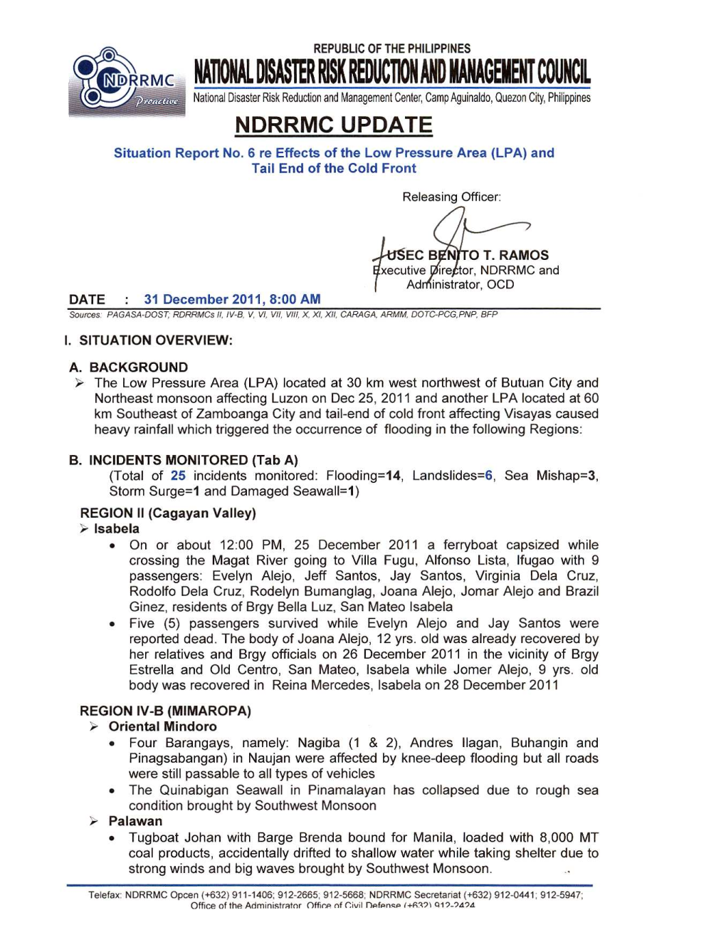 NDRRMC Update on Sitrep No 6 Re Effects of LPA 31 December 2011 At