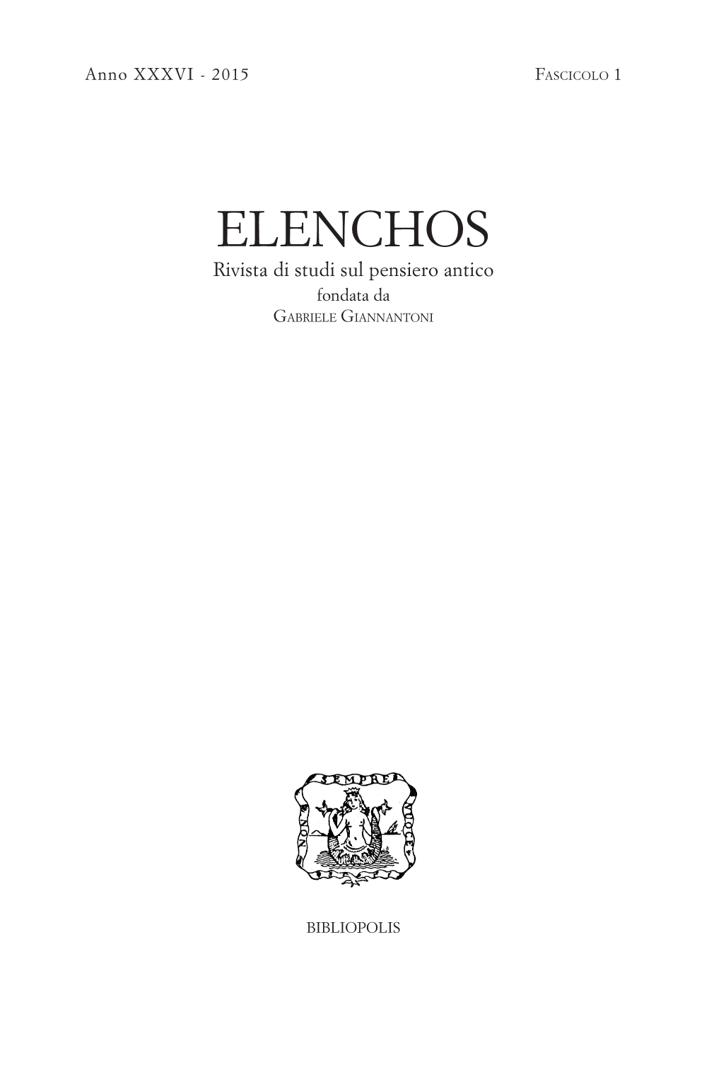 ELENCHOS Rivista Di Studi Sul Pensiero Antico Fondata Da GABRIELE GIANNANTONI