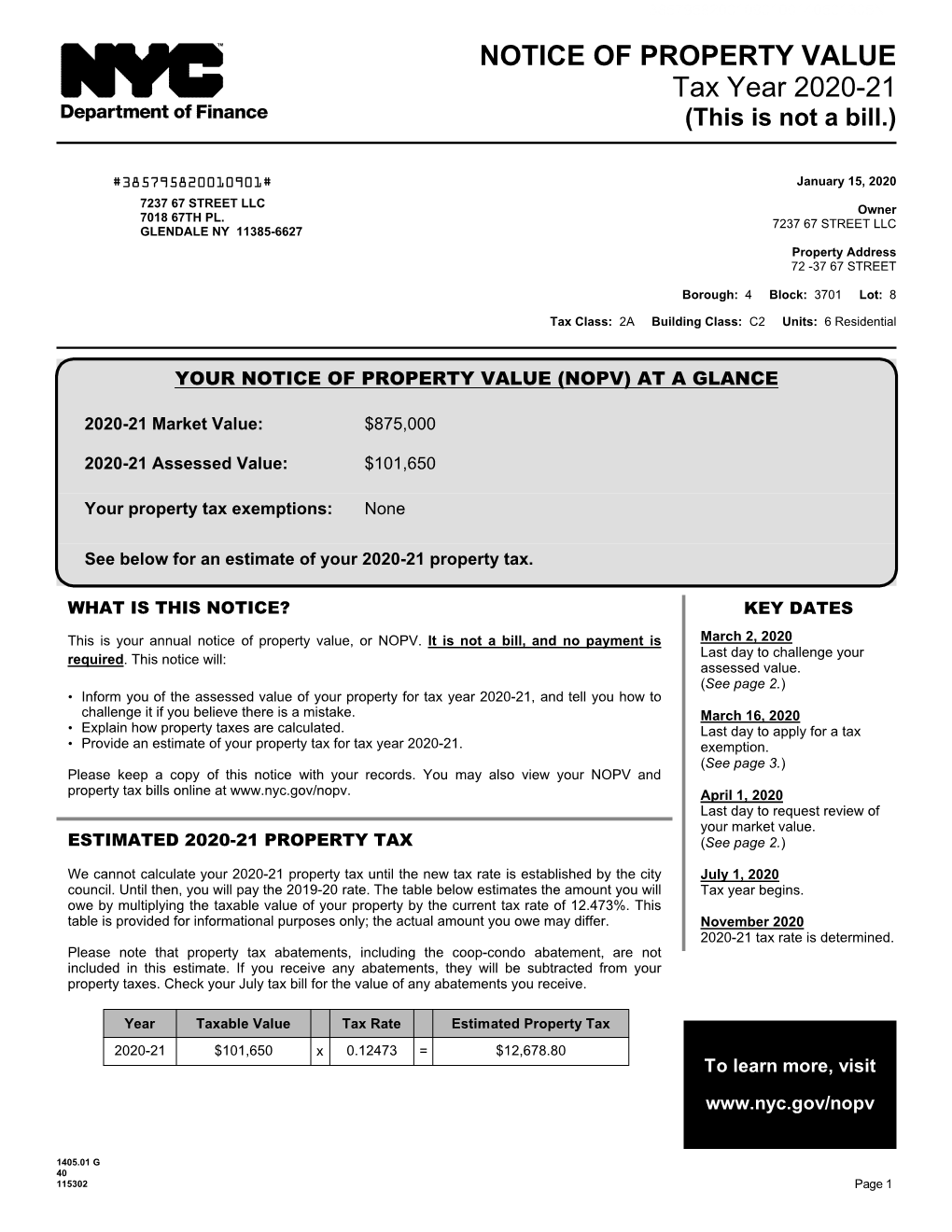 NOTICE of PROPERTY VALUE Tax Year 2020-21 (This Is Not a Bill.)