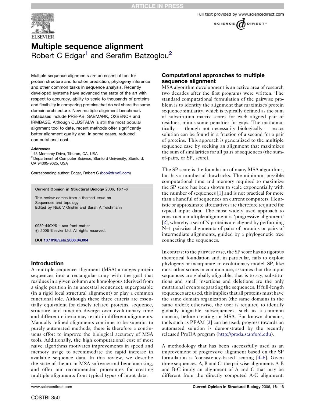 Multiple Sequence Alignment Robert C Edgar1 and Seraﬁm Batzoglou2