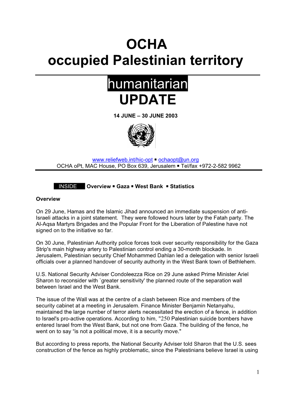 OCHA Occupied Palestinian Territory Humanitarian UPDATE