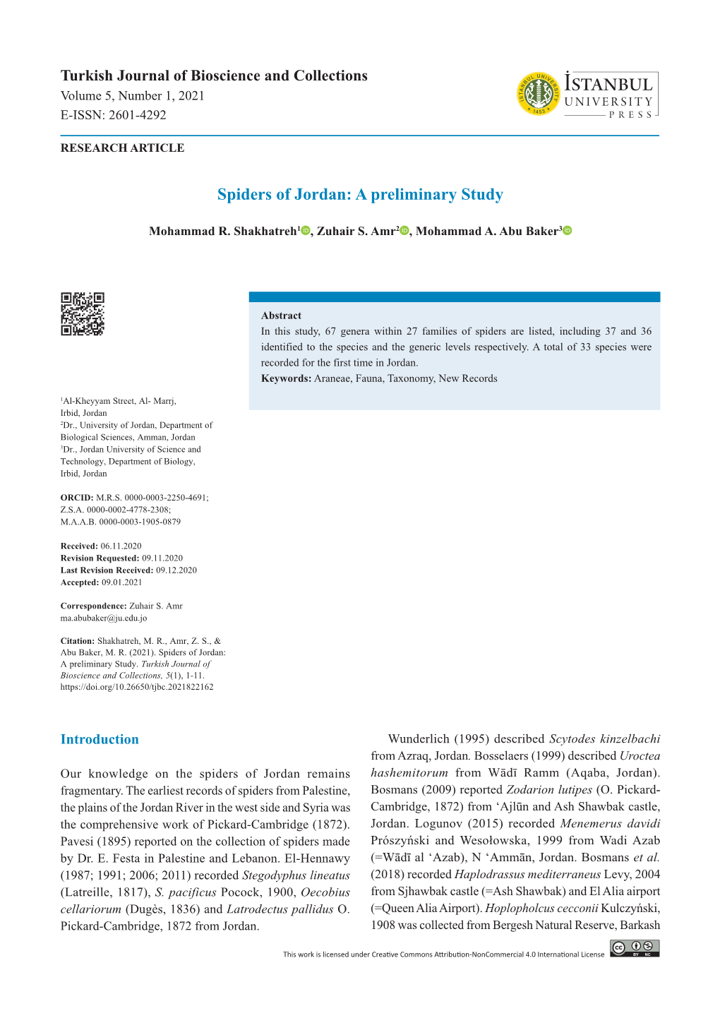 Spiders of Jordan: a Preliminary Study