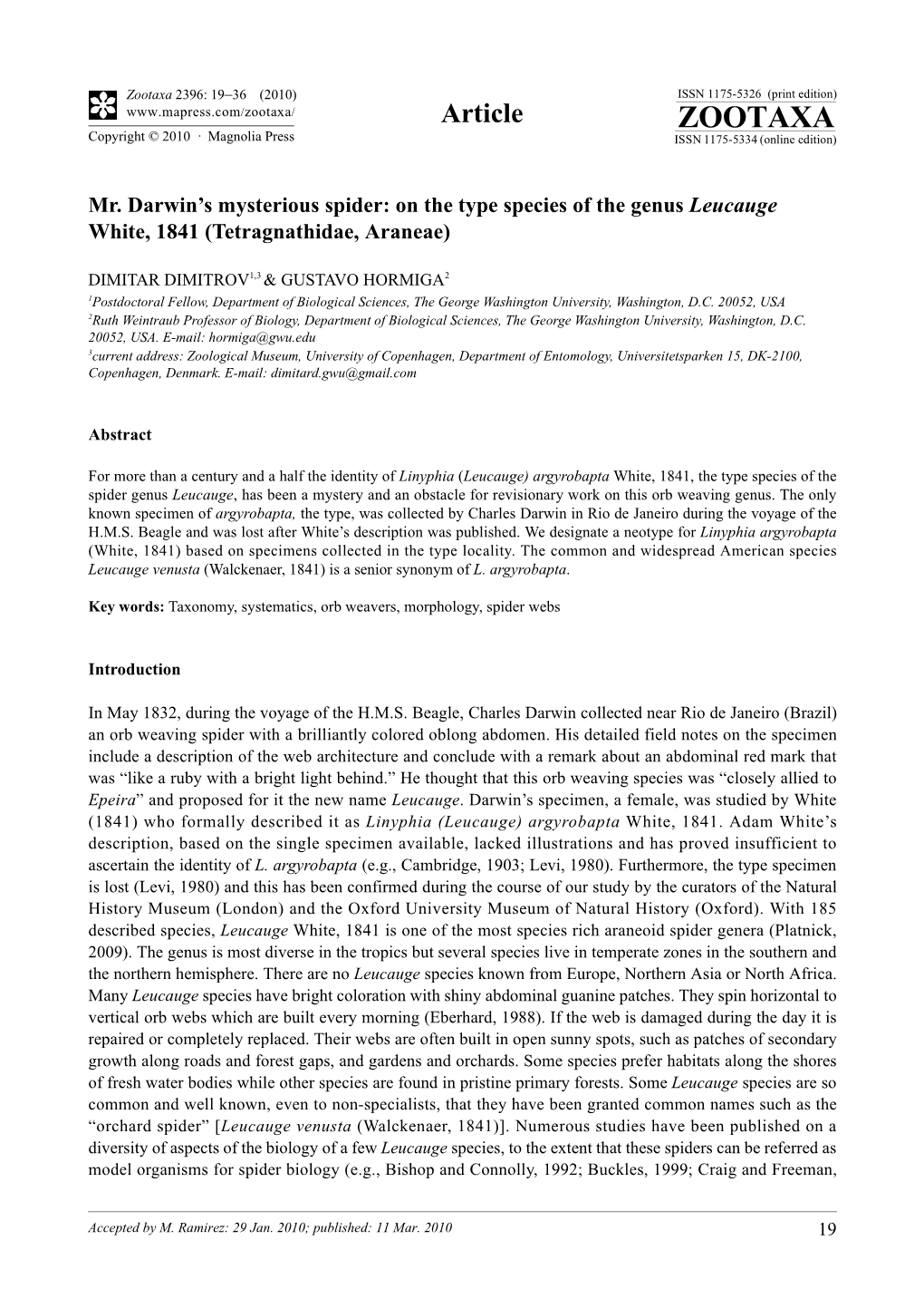 Zootaxa, Mr. Darwin's Mysterious Spider: on the Type Species of The