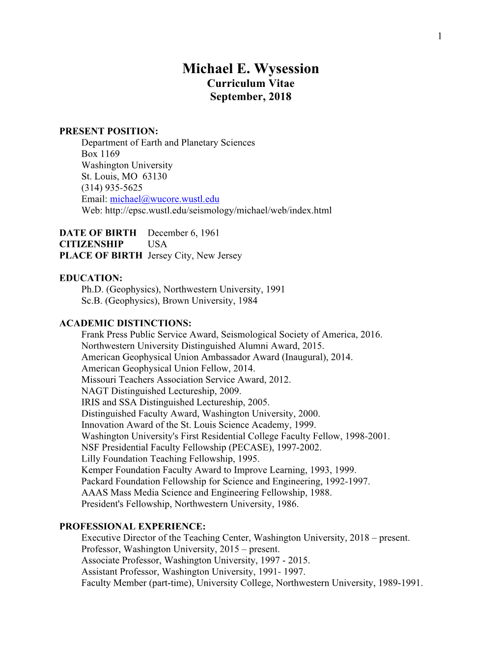 Michael E. Wysession Curriculum Vitae September, 2018