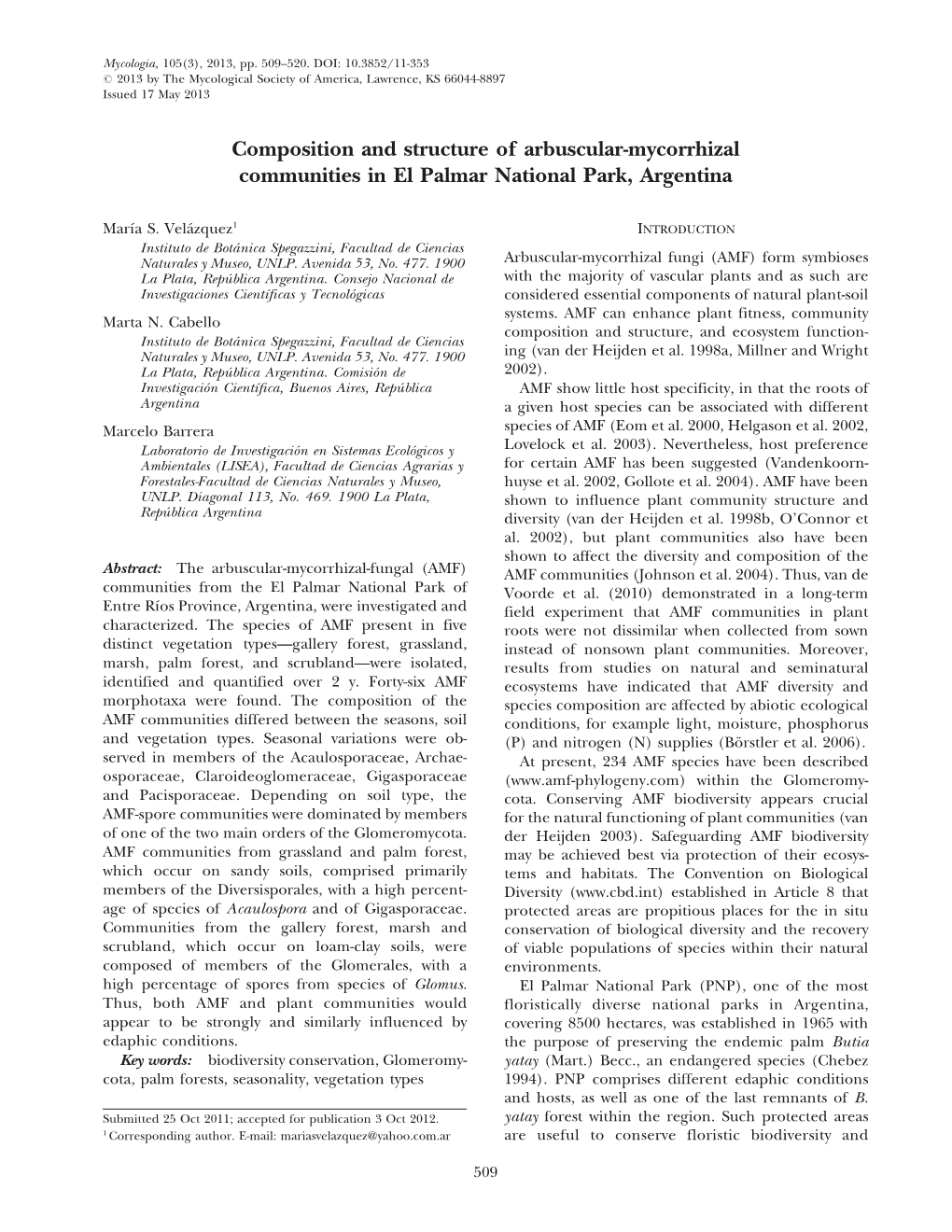 Composition and Structure of Arbuscular-Mycorrhizal Communities in El Palmar National Park, Argentina