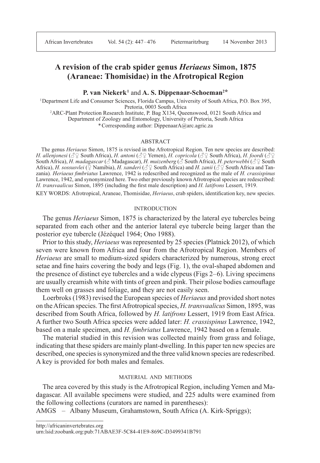 A Revision of the Crab Spider Genus Heriaeus Simon, 1875 (Araneae: Thomisidae) in the Afrotropical Region