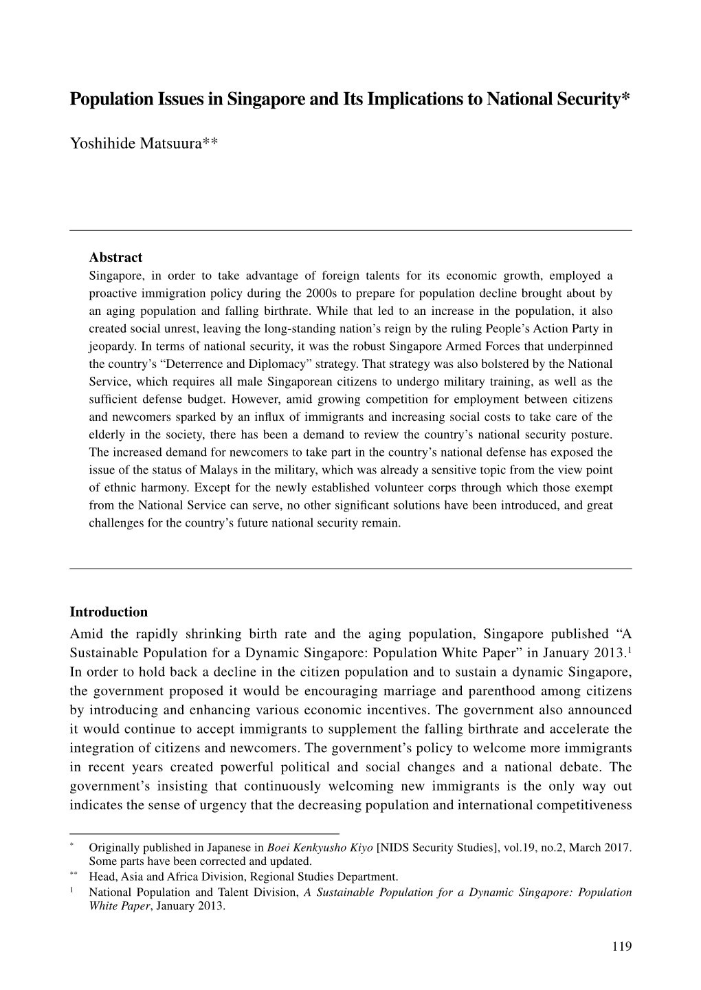 Population Issues in Singapore and Its Implications to National Security*