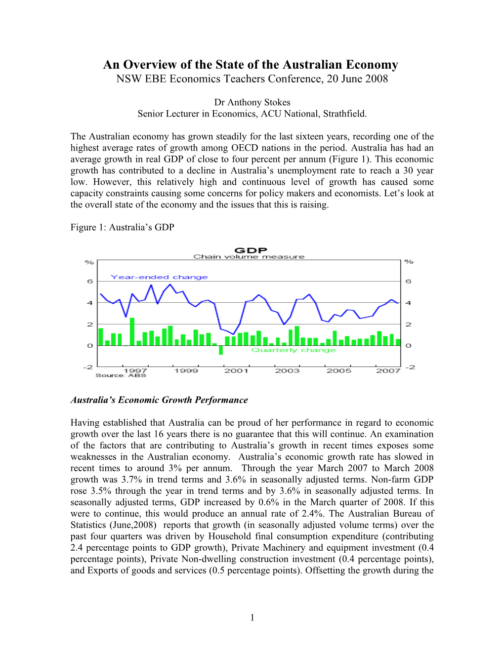 An Overview of the State of the Australian Economy