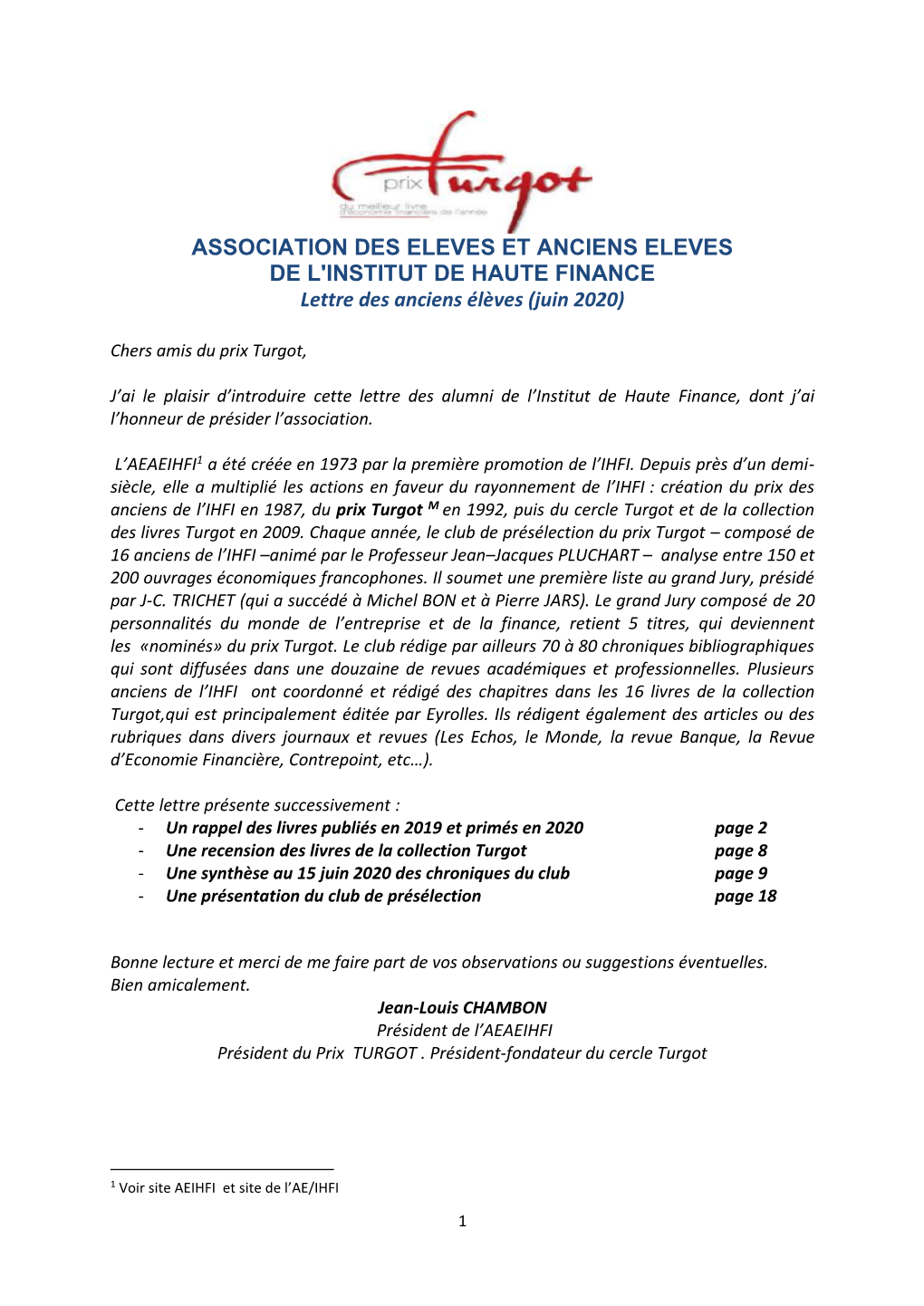 ASSOCIATION DES ELEVES ET ANCIENS ELEVES DE L'institut DE HAUTE FINANCE Lettre Des Anciens Élèves (Juin 2020)