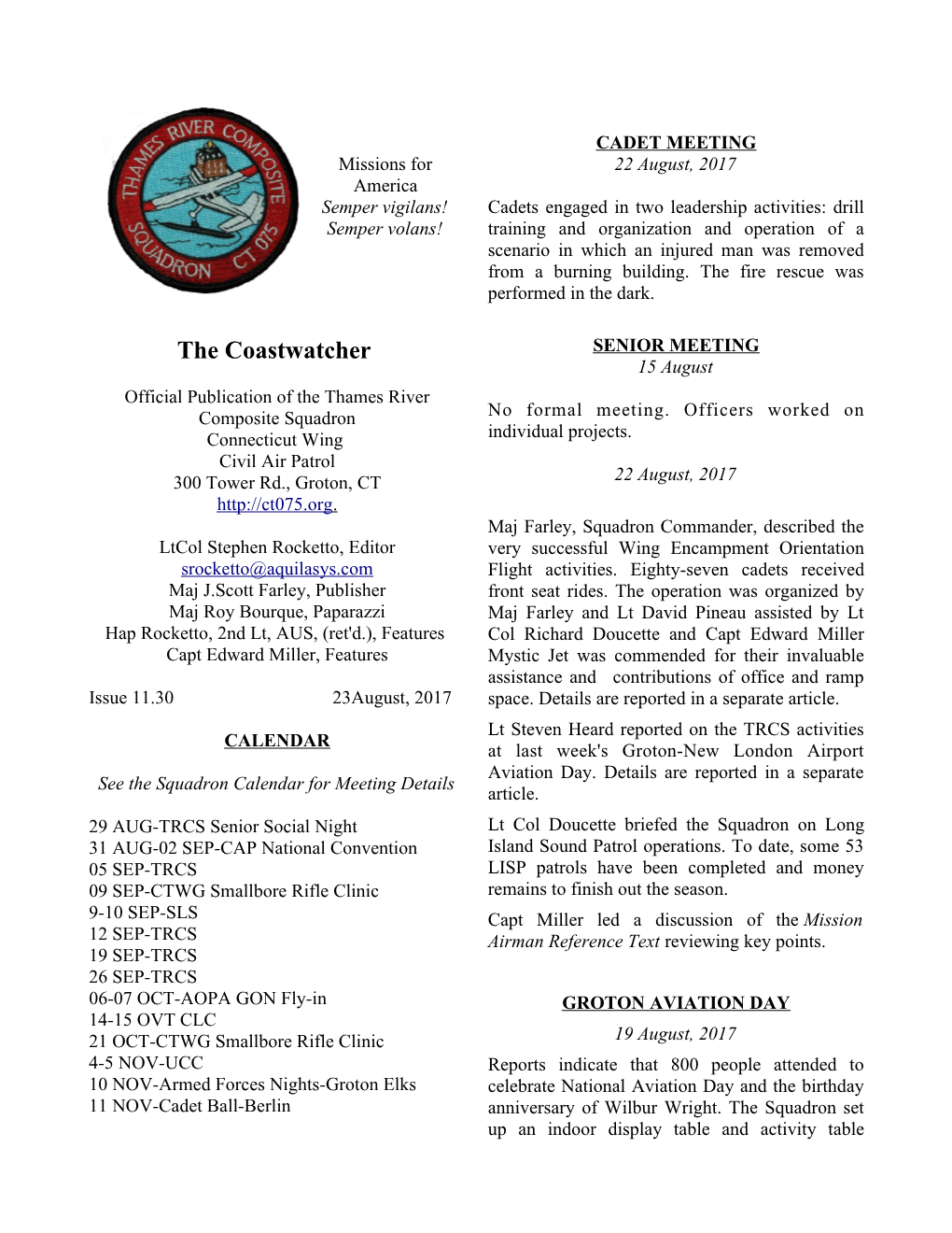 The Coastwatcher SENIOR MEETING 15 August Official Publication of the Thames River Composite Squadron No Formal Meeting