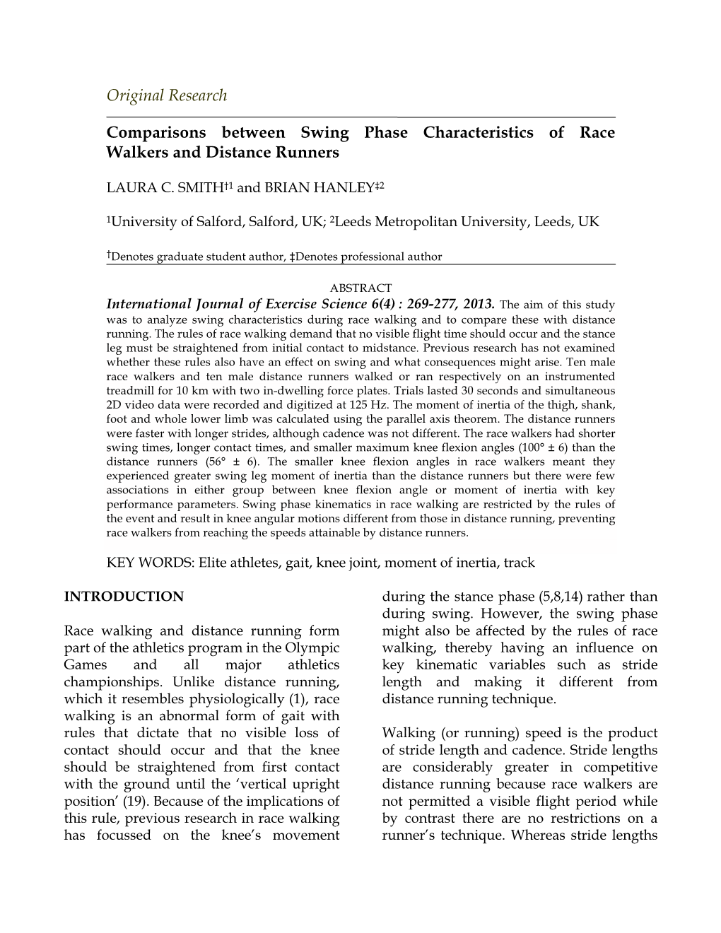 Comparisons Between Swing Phase Characteristics of Race Walkers and Distance Runners